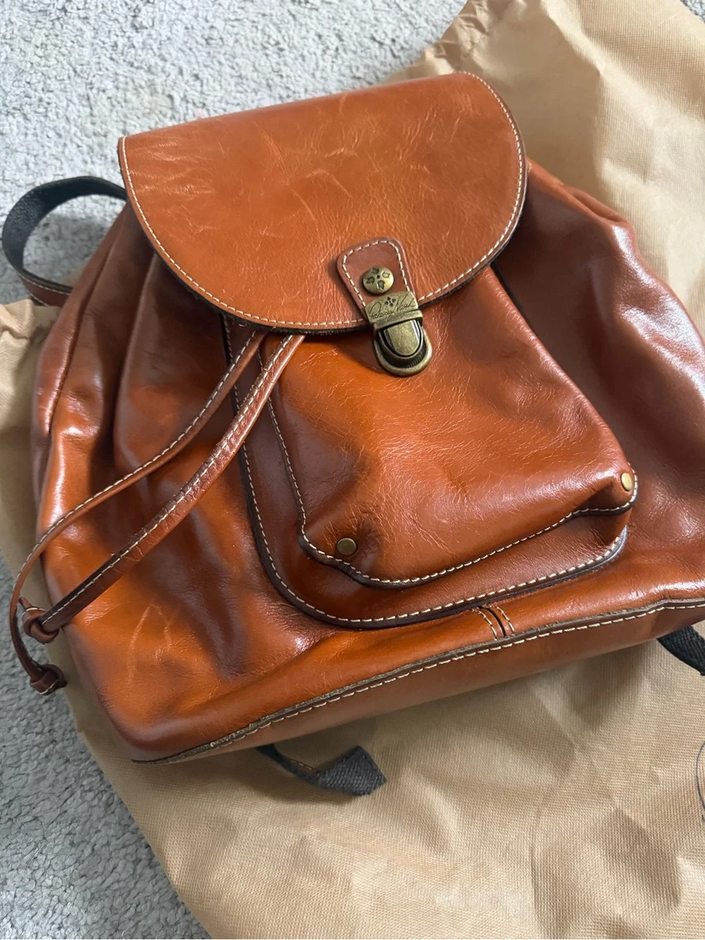 Patricia Nash Cognac/Brown Leather Backpack with Brass Clasp